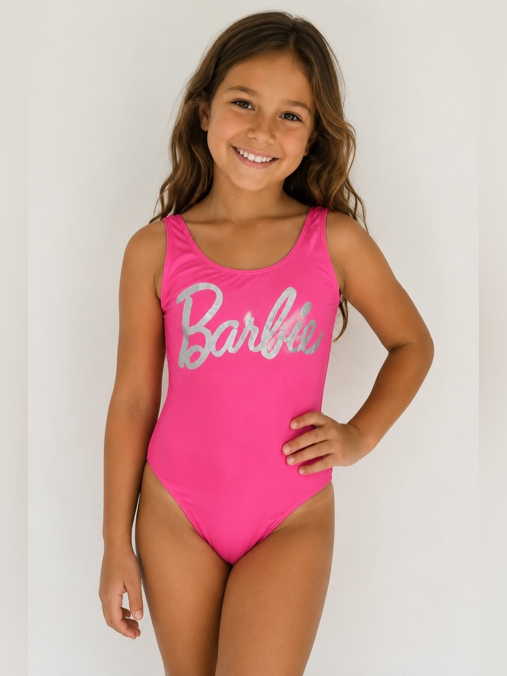 Barbie Girls Pink One Piece Swimsuit Size 7/8 Metallic Logo Bow Back